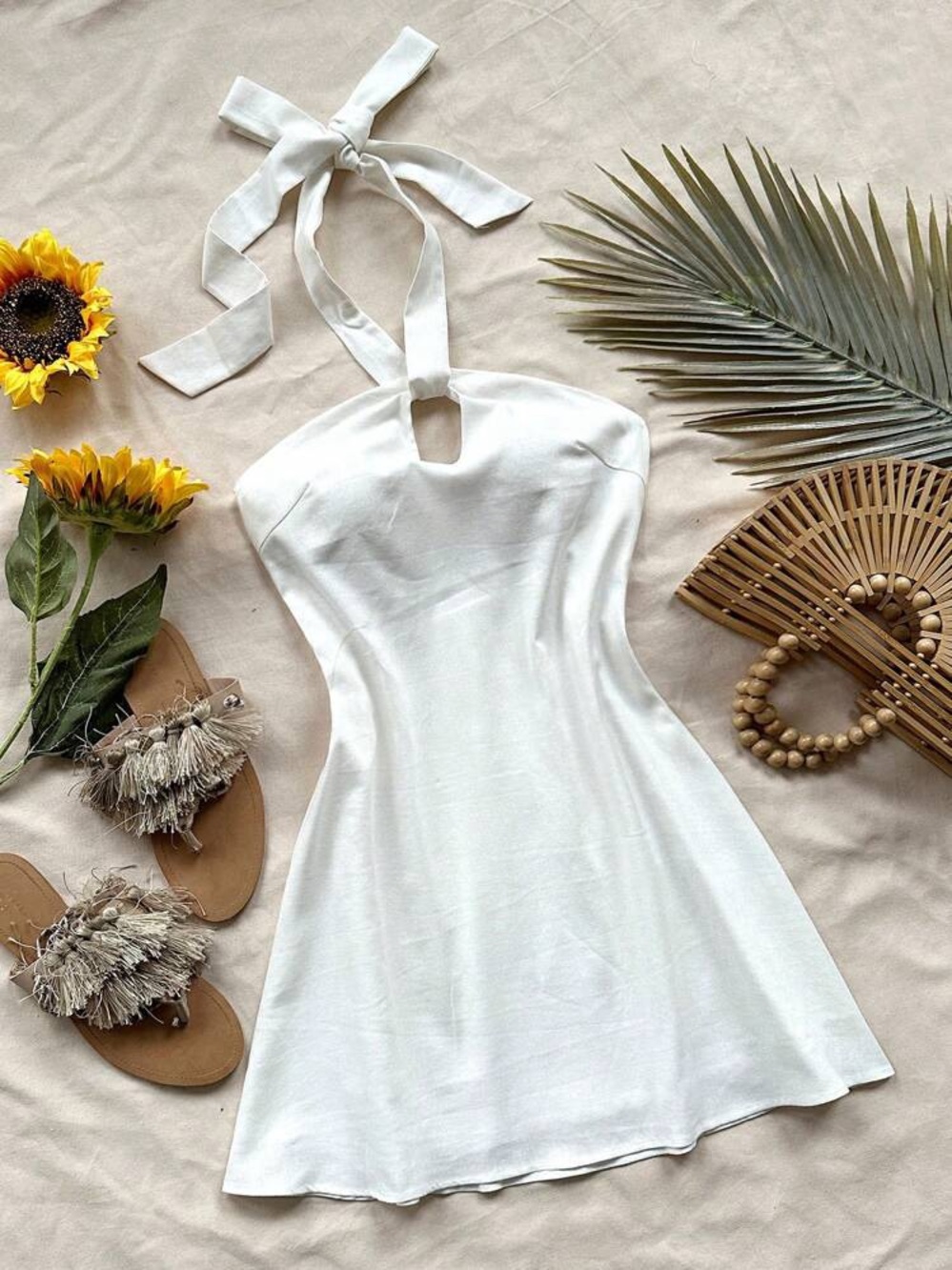 White Linen Blend Halter Backless Mini Dres Size XS